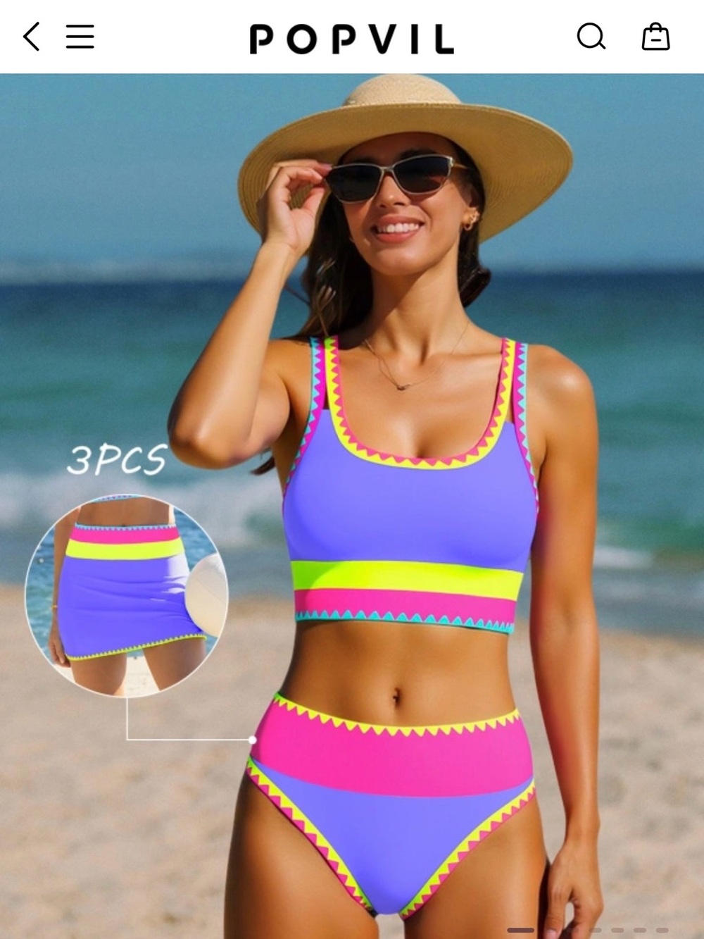 POPVIL | Sz M | Colorblock High-Waist Bikini Set in Purple & Hot Pink